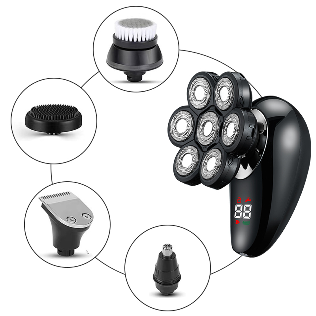 Aparat de ras electric 7D, Neo™ 7 Blade Samurai®, multifunctional, fara fir, incarcare USB, 100% rezistent la apa, 7 lame independente, usor de curatat, sistem 7 in 1, Negru