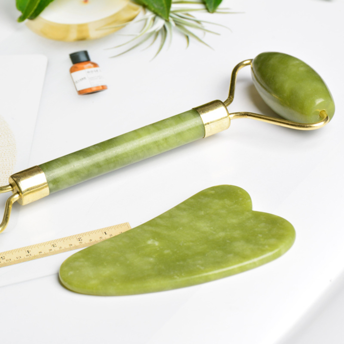 Set Rola Dubla Roller Jade si Piatra Guasha de Jad, Neo™, aparat / dispozitiv pentru masaj facial si corporal si drenaj limfatic, Verde