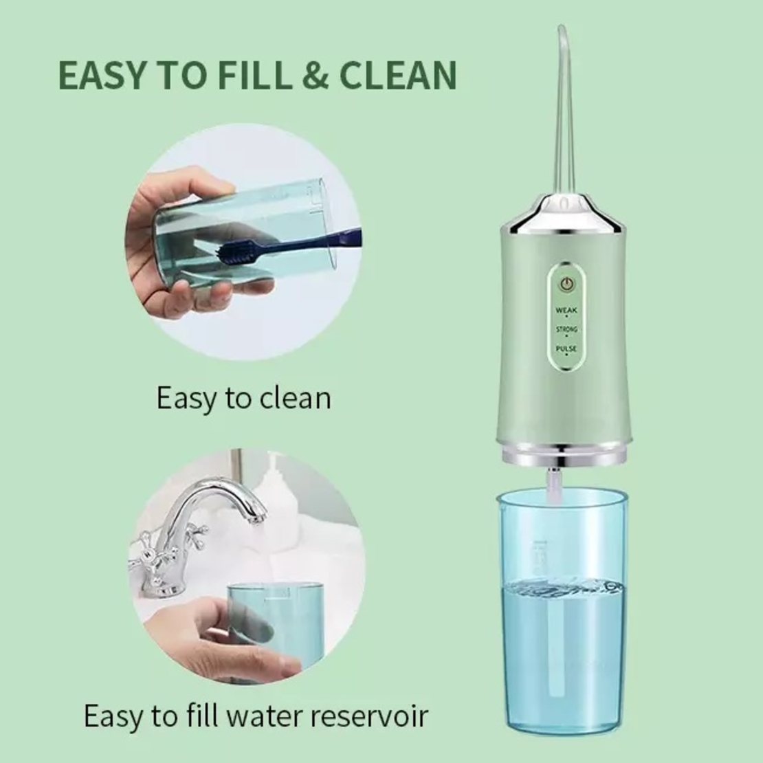 Irigator bucal si oral profesional PPS Pulse® Neo™, 140 PSI, Functie masaj, rotatie 360°, portabil, 4 moduri, acumulator 1400mAh, 4 duze incluse, 220 ml, verde
