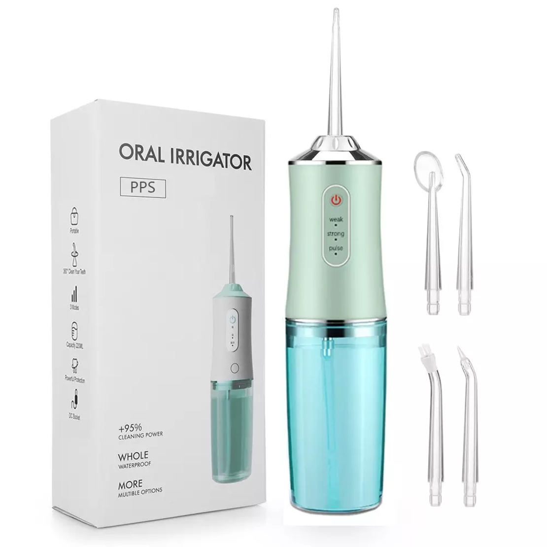 Irigator bucal si oral profesional PPS Pulse® Neo™, 140 PSI, Functie masaj, rotatie 360°, portabil, 4 moduri, acumulator 1400mAh, 4 duze incluse, 220 ml, verde