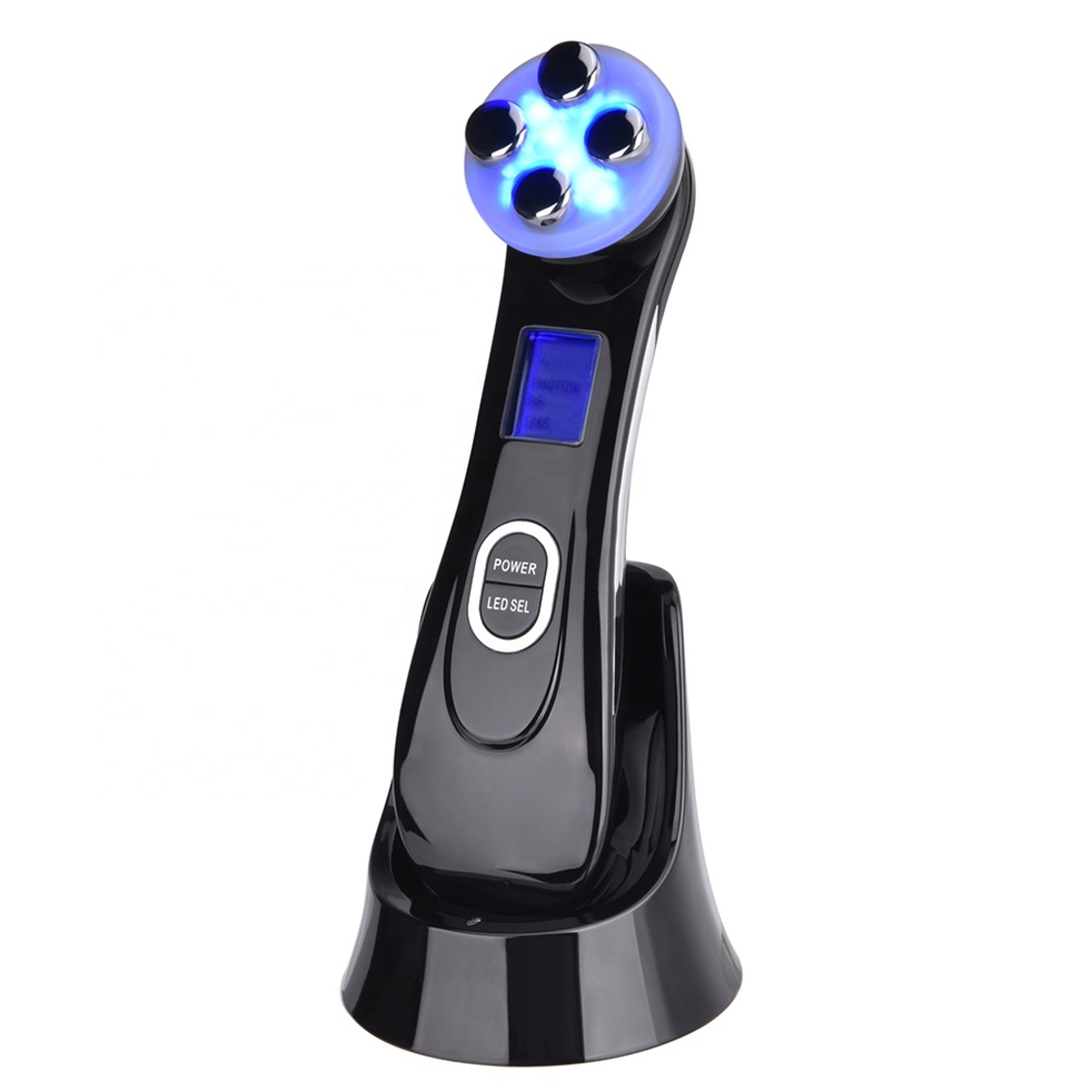 Aparat Profesional de ingrijire faciala prin Rejuvenare cu Fotoni 5 in 1 Neo Photon™, pentru intinerirea pielii, efect anti-rid, tratament Electroporare, RF lumina LED, inchide porii, elimina acneea, albire, pentru fata/gat, stativ incarcare rapida, Negru