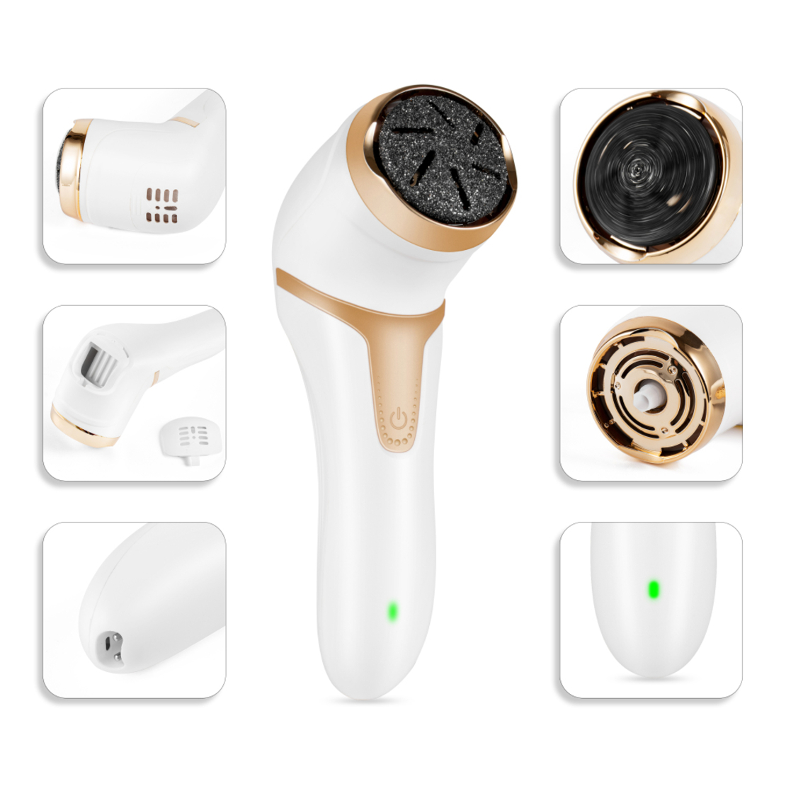 Pila electrica profesionala pentru talpi si calcaie Onebuy®, 3 Discuri rotative, Curatare umeda si uscata, Reincarcabila USB, 2 setari de viteza, Alb