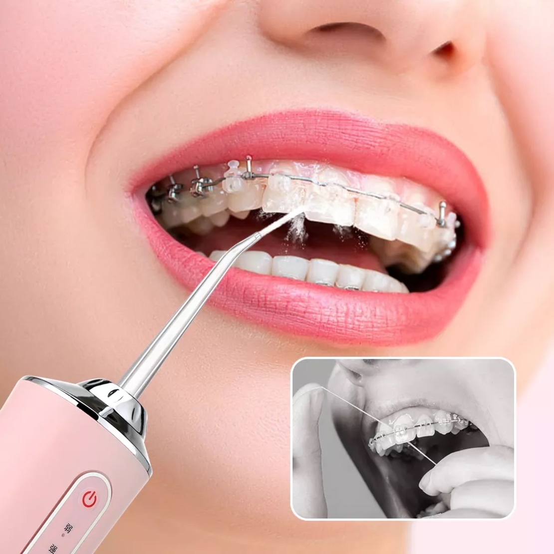 Irigator bucal si oral profesional PPS Pulse® Neo™, 140 PSI, Functie masaj, rotatie 360°, portabil, 4 moduri, acumulator 1400mAh, 4 duze incluse, 220 ml, roz