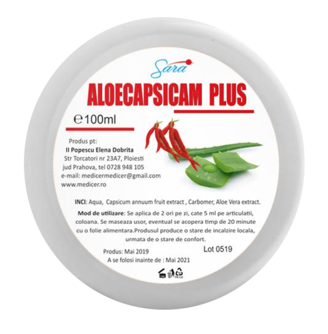 Crema Aloe Capsicam, fierbinte, lipogel, 100 ml