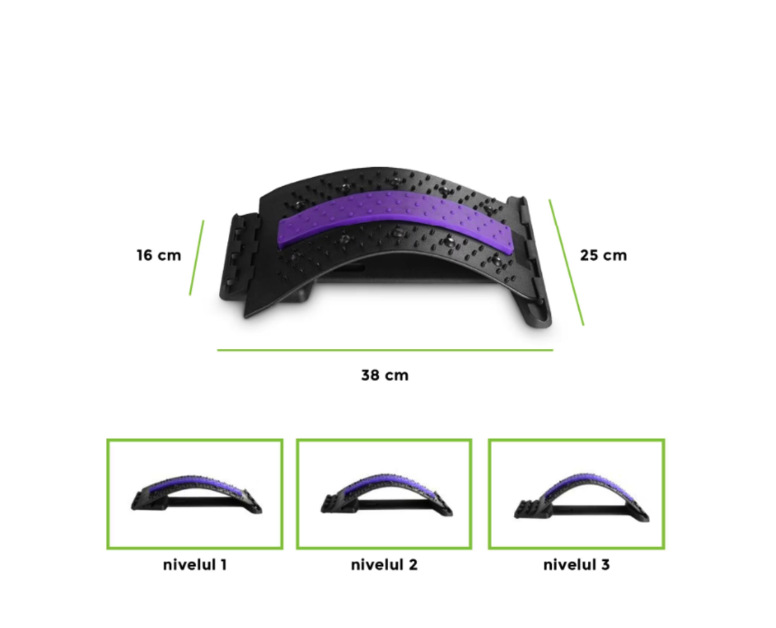 Dispozitiv Ortopedic NEO™ 3in1, pentru Suportul, Intinderea, Masajul si Relaxarea Zonei Lombare, Mov