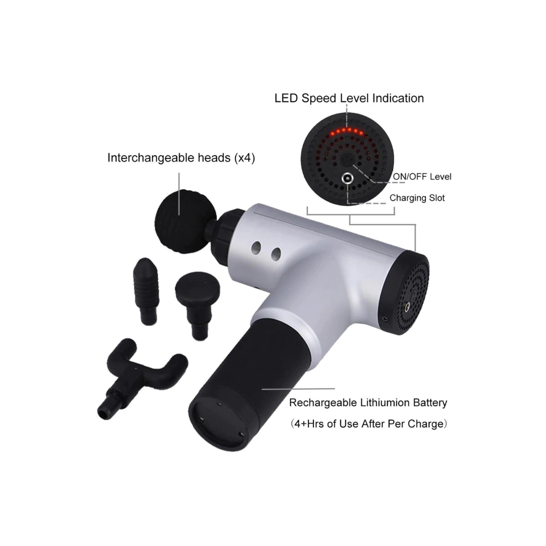 Aparat de Masaj Profesional, cu 4 capete interschimbabile si 6 trepte de intensitate, Neo™ Professional Gun®, pentru dureri musculare, reumatice, anticelulitic, Gri