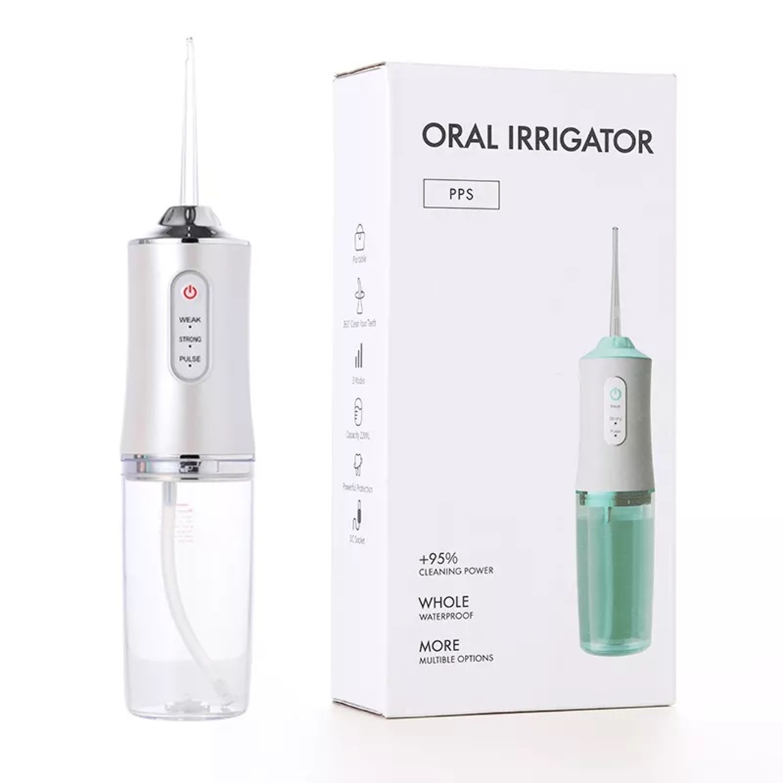 Irigator bucal si oral profesional PPS Pulse® Neo™, 140 PSI, Functie masaj, rotatie 360°, portabil, 4 moduri, acumulator 1400mAh, 4 duze incluse, 220 ml, alb