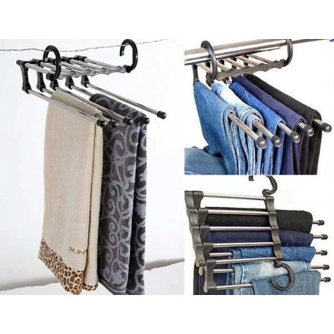 Umeras Pliabil Neo™ Organizator Compact® pentru perechi de pantaloni, cu tije din inox, 48 x 15 cm, Carlige Negre