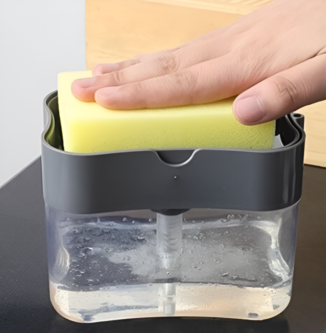 Dispenser 2 in 1, Suport pentru Burete si Dozator Detergent de Vase, 380 ml, 14x11x9 cm, Gri/Transparent, Neo™
