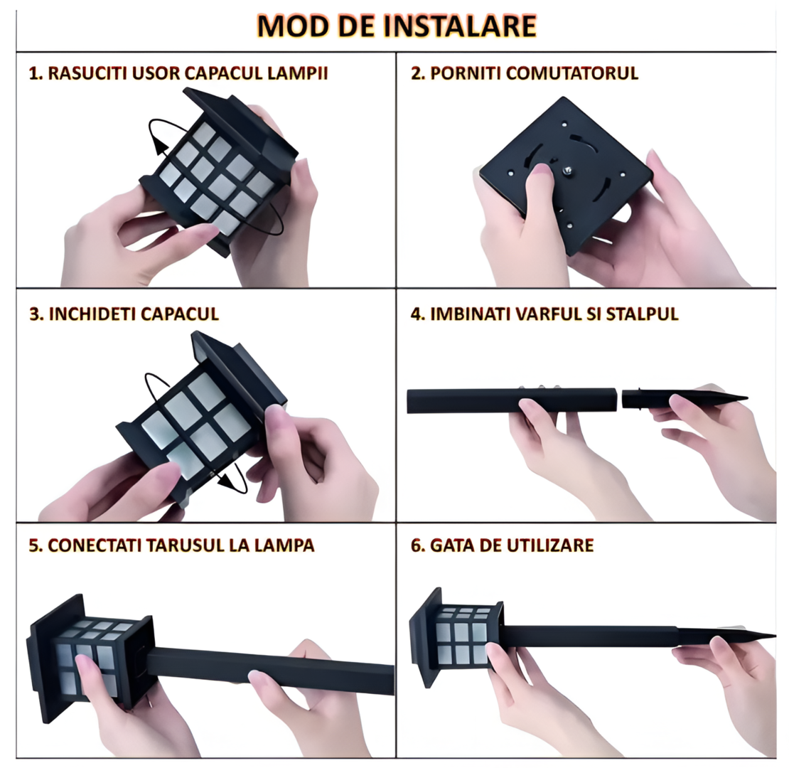 Lampa Solara de Exterior, pentru Gradina, cu Tarus, tip Felinar, Decorativa, Senzor de Lumina, Waterproof, Lumina Calda, Negru, Neo™