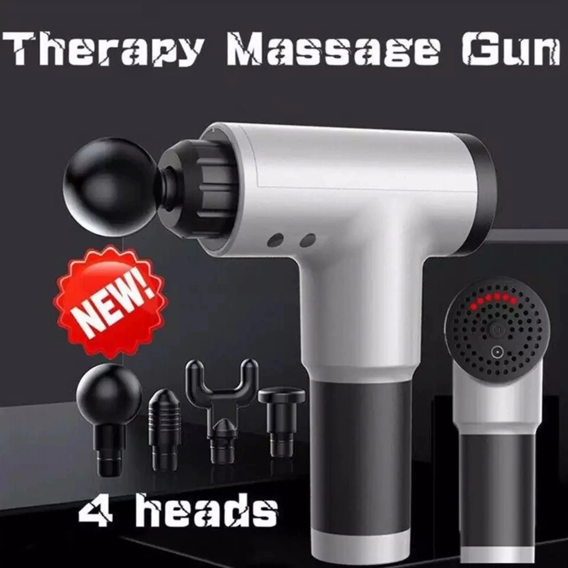 Aparat de Masaj Profesional, cu 4 capete interschimbabile si 6 trepte de intensitate, Neo™ Professional Gun®, pentru dureri musculare, reumatice, anticelulitic, Gri