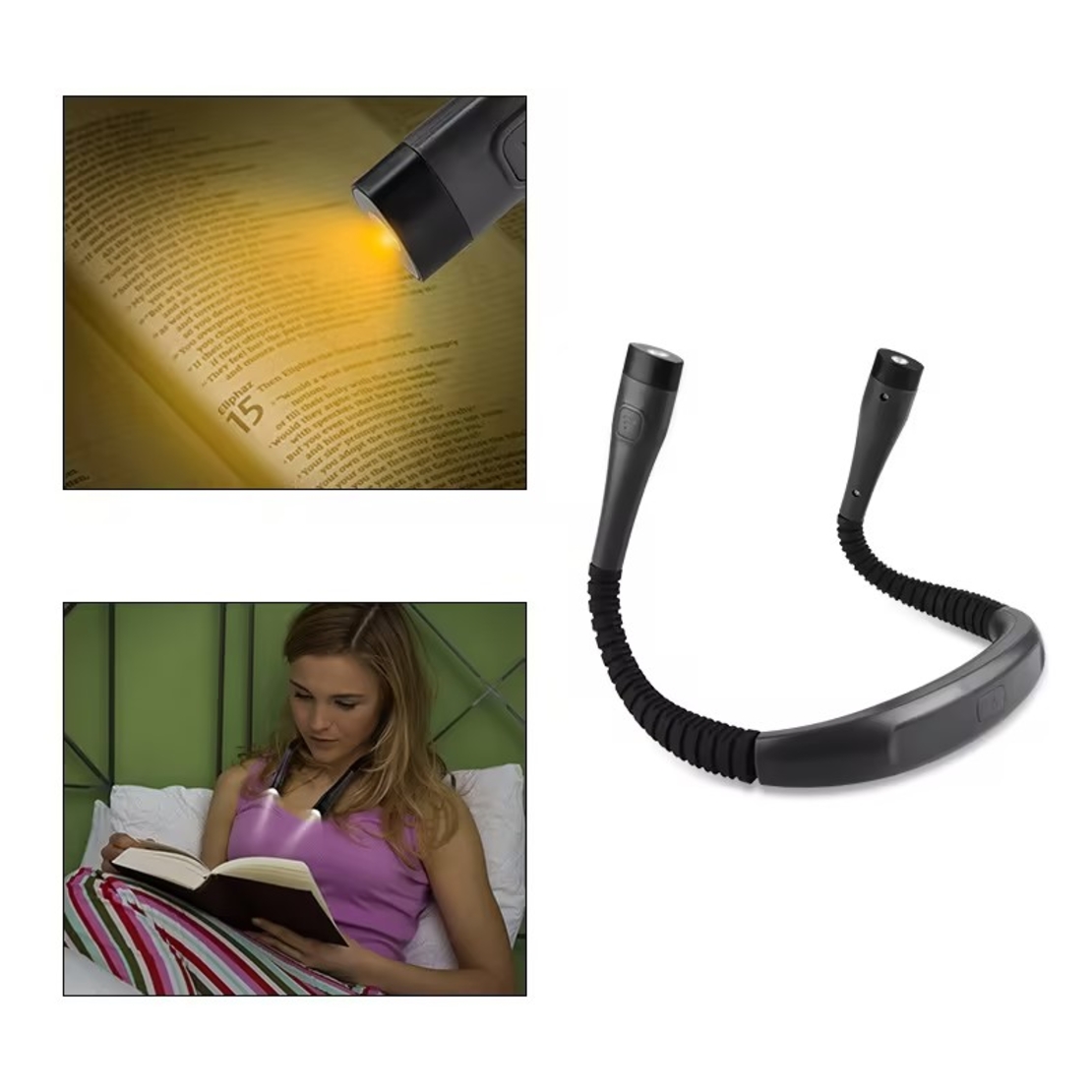 Lumina de lectura LED pentru gat, Daladen, 3 luminozitati reglabile, Reincarcabila, Negru