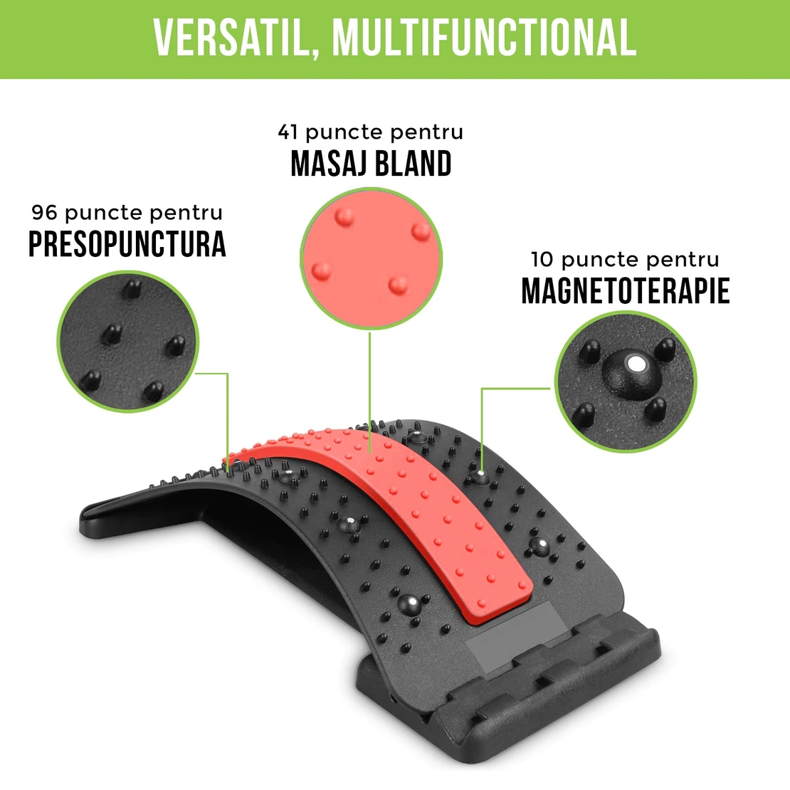 Dispozitiv de Masaj Lombar Neo™ cu Functie de Presopunctura si Stretching maxim 150 kg, Rosu