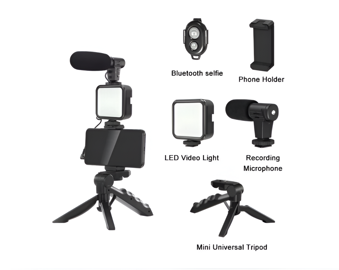 Kit de Vlogging pentru Filmari Video Youtube, TikTok, cu Trepied, Microfon, Panou LED, Suport Reglabil Telefon, Neo™