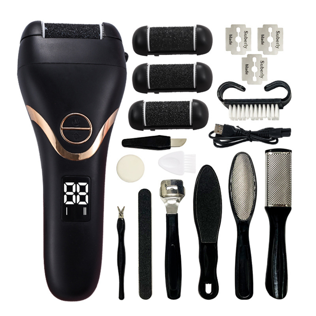 Pila electrica cu afisaj digital pentru picioare, cu lanterna, cu kit profesional 22 in 1, reincarcabila USB, rezistent la apa, aparat electric pentru indepartarea calusuri cu 3 capete role 2 viteze