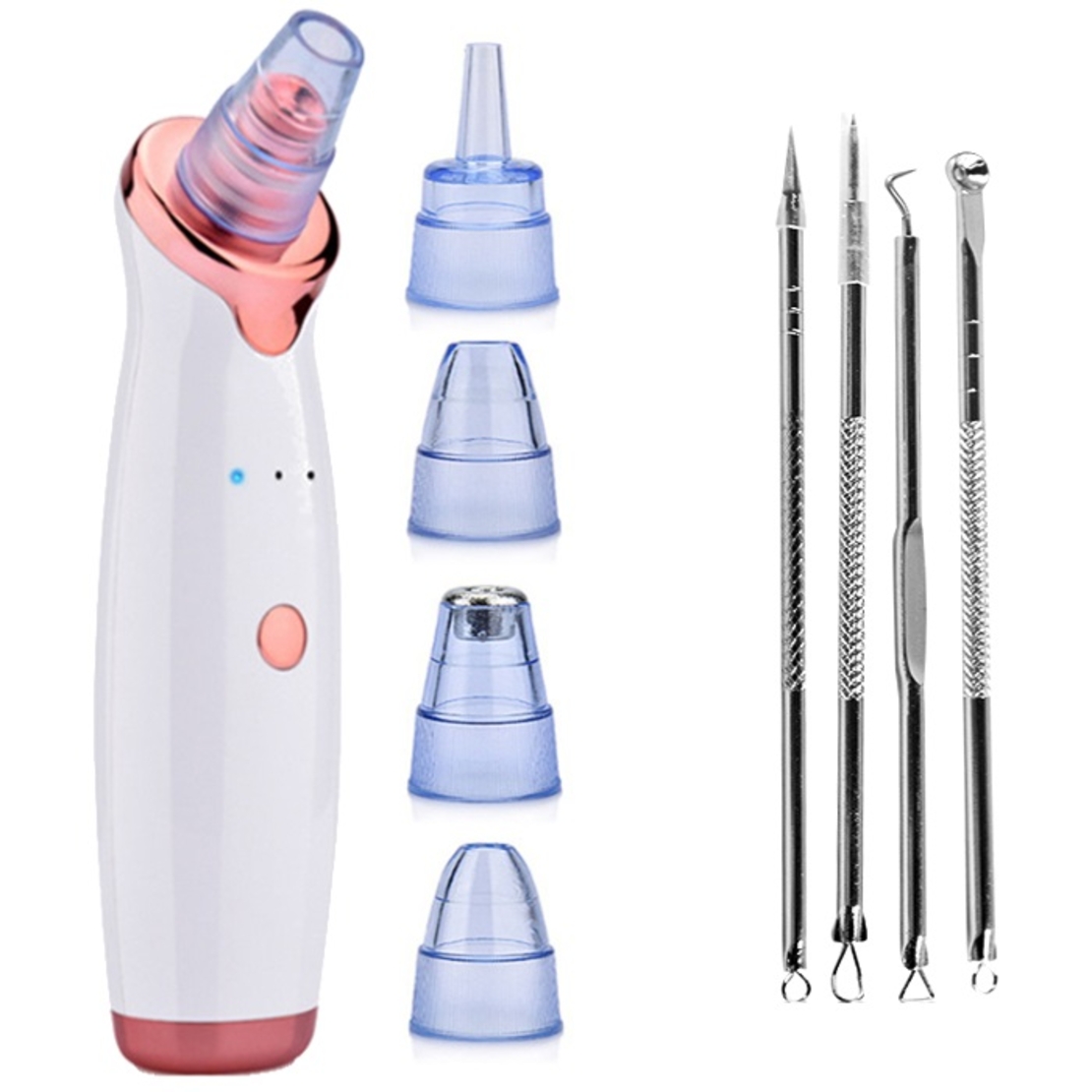Set cu Aparat indepartare puncte negre, Neo™, cu vacuum, 5 capete, Curatare faciala, indepartare Acnee, USB, Alb si Trusa Profesionala 4 Pensete