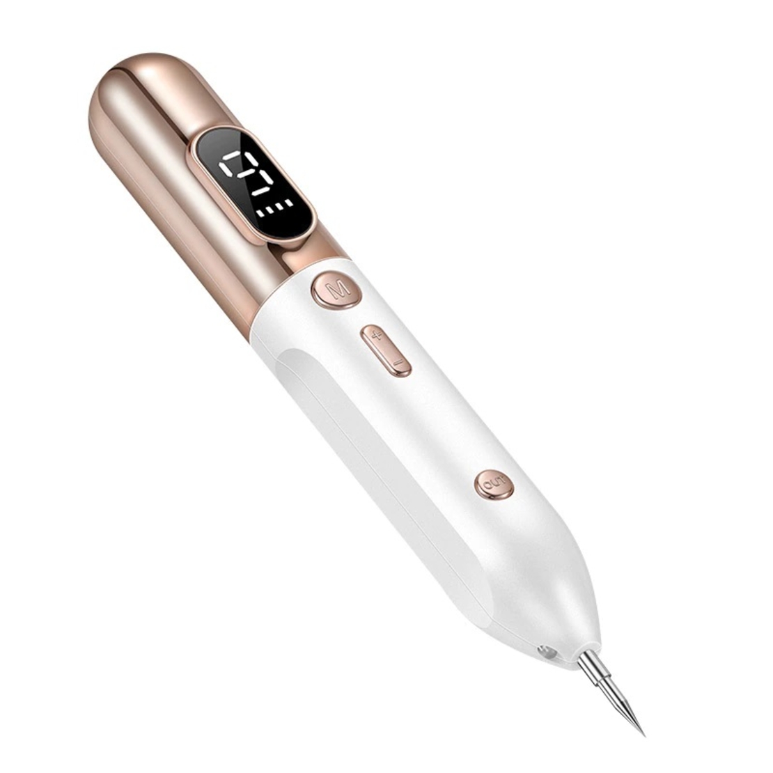 Aparat Plasma Pen, Neo™ cu 5 ace de schimb incluse, 9 viteze, pentru indepartare negi, pete, tatuaje, alunite, cicatrici, pistrui, Lifting pleoape, PlasmaPen®, Ecran LCD, Auriu/Alb
