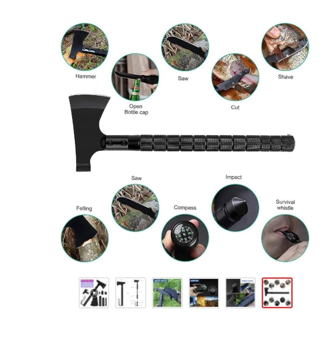 Topor Multifunctional Metalic cu 8 Piese Neo™ Campy® Negru usor de asamblat prin infiletare, maner lung, cutit, busola, tais topor, ciocan