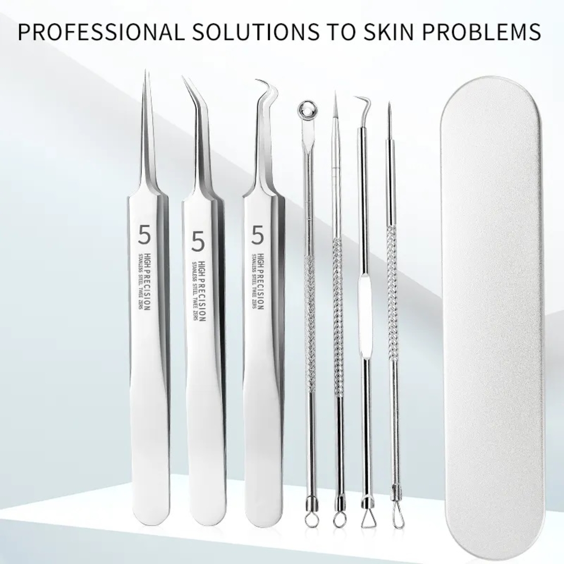 Set 8 pensete pentru extractie puncte negre, comedoane, acnee, ustensile cosmetice din inox, metalic, Neo™ Premium®