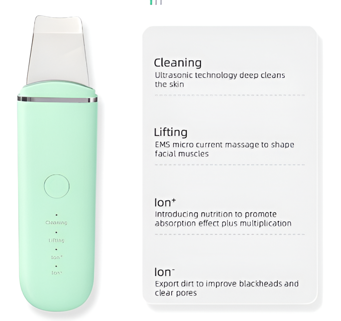 Aparat de curatare faciala cu ultrasunete NEO™, lifting ten, skin scrubber, indepartare puncte negre, hidratare, peeling, Verde