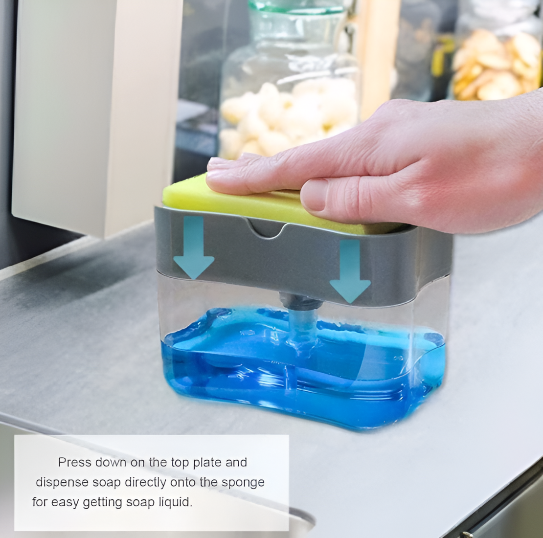 Dispenser 2 in 1, Suport pentru Burete si Dozator Detergent de Vase, 380 ml, 14x11x9 cm, Gri/Transparent, Neo™