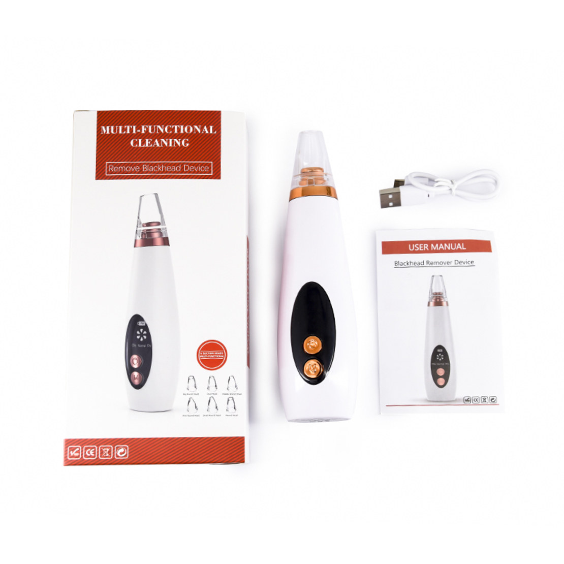 Aparat indepartat puncte negre, Neo™ Premium, cu vacuum, 3 Puteri ajustabile, 6 capete, Ingrijire faciala, Curatare faciala, Acnee, Incarcare USB, Alb