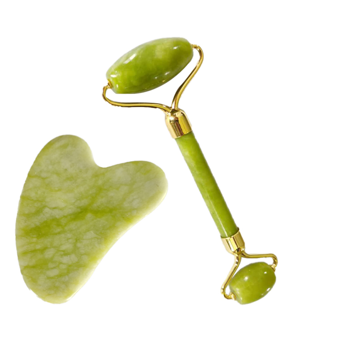 Set Rola Dubla Roller Jade si Piatra Guasha de Jad, Neo™, aparat / dispozitiv pentru masaj facial si corporal si drenaj limfatic, Verde