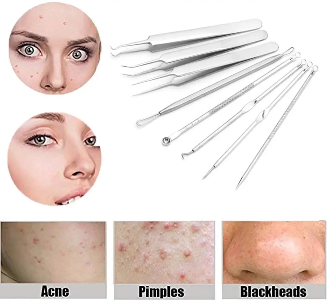 Set 8 pensete pentru extractie puncte negre, comedoane, acnee, ustensile cosmetice din inox, metalic, Neo™ Premium®