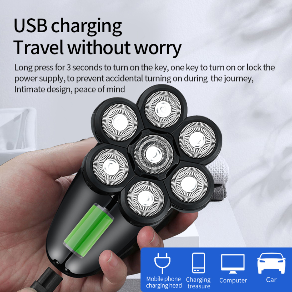 Aparat de ras electric 7D, Neo™ 7 Blade Samurai®, multifunctional, fara fir, incarcare USB, 100% rezistent la apa, 7 lame independente, usor de curatat, sistem 7 in 1, Silver