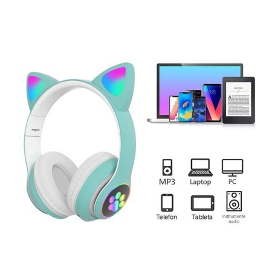 Casti wireless cu urechi de pisica, Neo™ Soundy® pliabile STN-28 Verde Menta