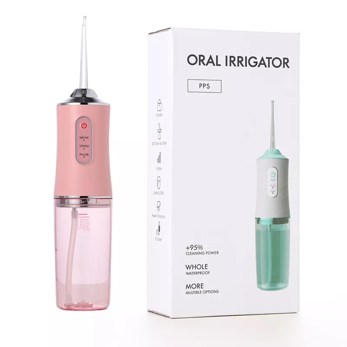 Irigator bucal si oral profesional PPS Pulse® Neo™, 140 PSI, Functie masaj, rotatie 360°, portabil, 4 moduri, acumulator 1400mAh, 4 duze incluse, 220 ml, roz