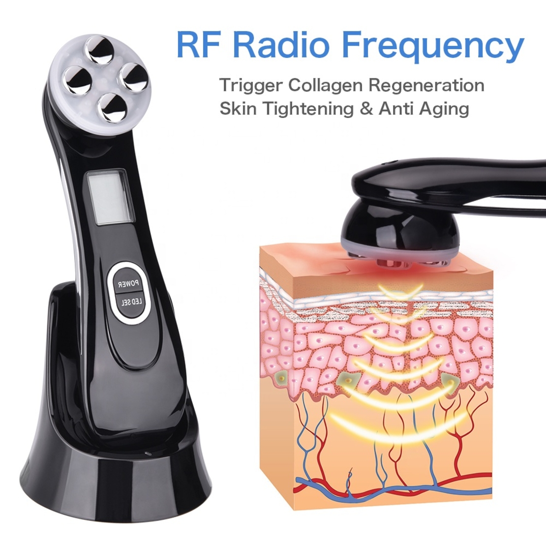 Aparat Profesional de ingrijire faciala prin Rejuvenare cu Fotoni 5 in 1 Neo Photon™, pentru intinerirea pielii, efect anti-rid, tratament Electroporare, RF lumina LED, inchide porii, elimina acneea, albire, pentru fata/gat, stativ incarcare rapida, Negru