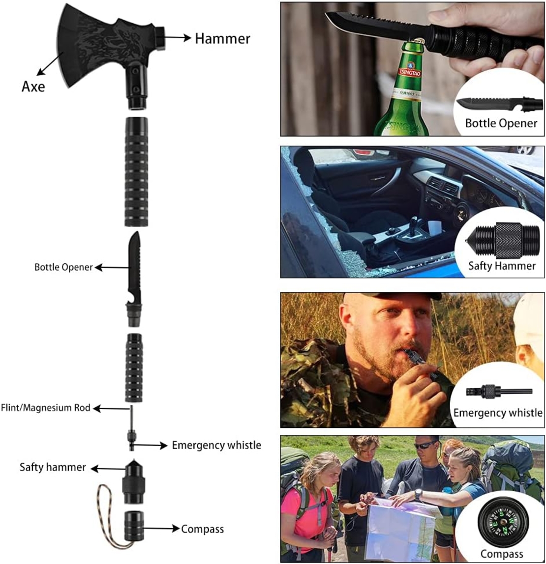 Topor Multifunctional Metalic cu 8 Piese Neo™ Campy® Negru usor de asamblat prin infiletare, maner lung, cutit, busola, tais topor, ciocan