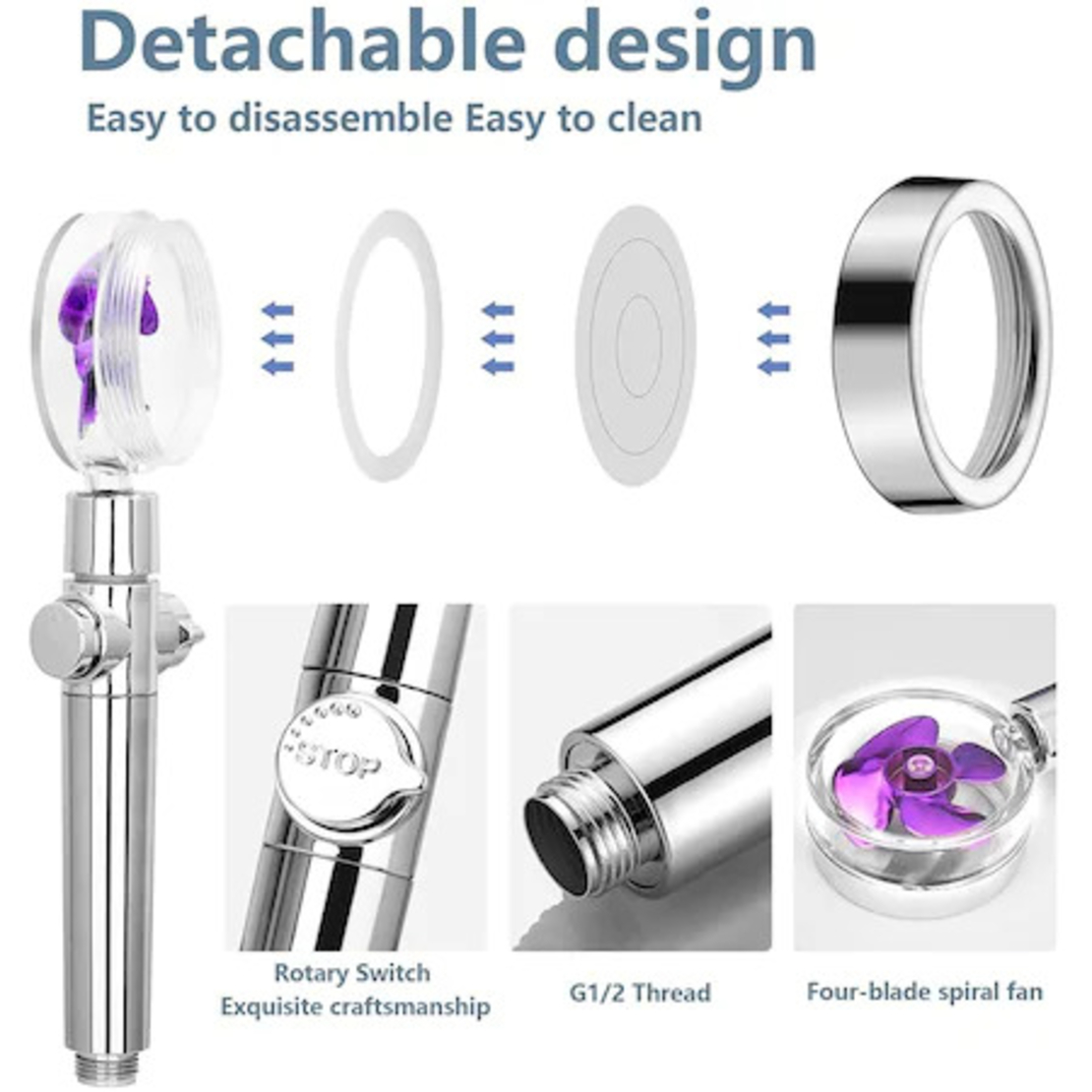 Para cap de dus SERALUNA®, elice speciale pentru cresterea presiunii apei, argintiu, on/off buton, filtru anti-calcar
