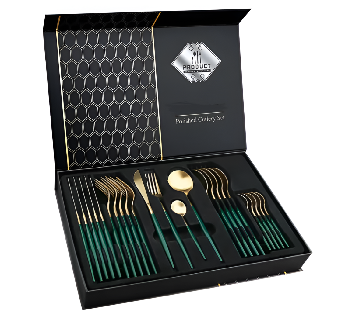Set Tacamuri in Stil Portughez, 24 piese, din Otel Inoxidabil, Auriu/Verde, Neo™