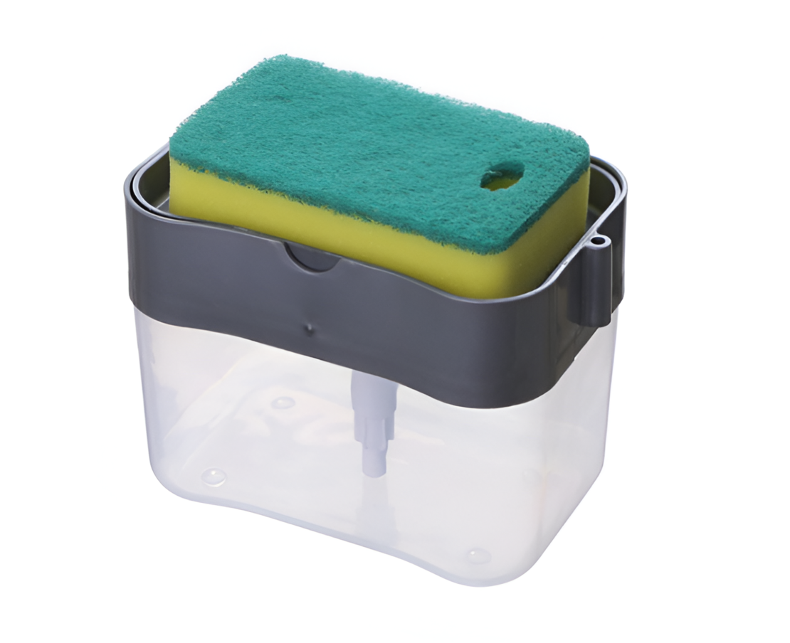 Dispenser 2 in 1, Suport pentru Burete si Dozator Detergent de Vase, 380 ml, 14x11x9 cm, Gri/Transparent, Neo™