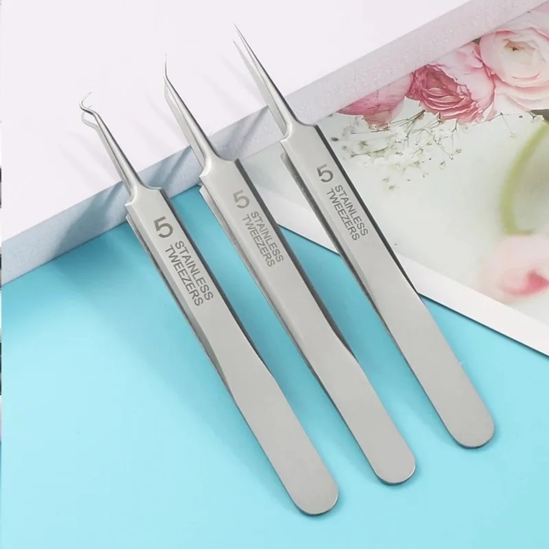 Set 8 pensete pentru extractie puncte negre, comedoane, acnee, ustensile cosmetice din inox, metalic, Neo™ Premium®