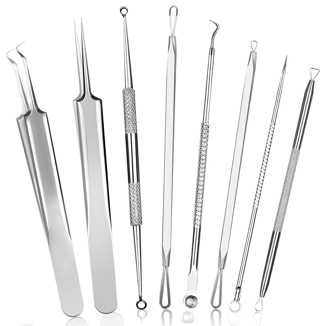 Set 7 pensete pentru extractie puncte negre, comedoane, acnee, ustensile cosmetice din inox, metalic, Neo™ Premium®