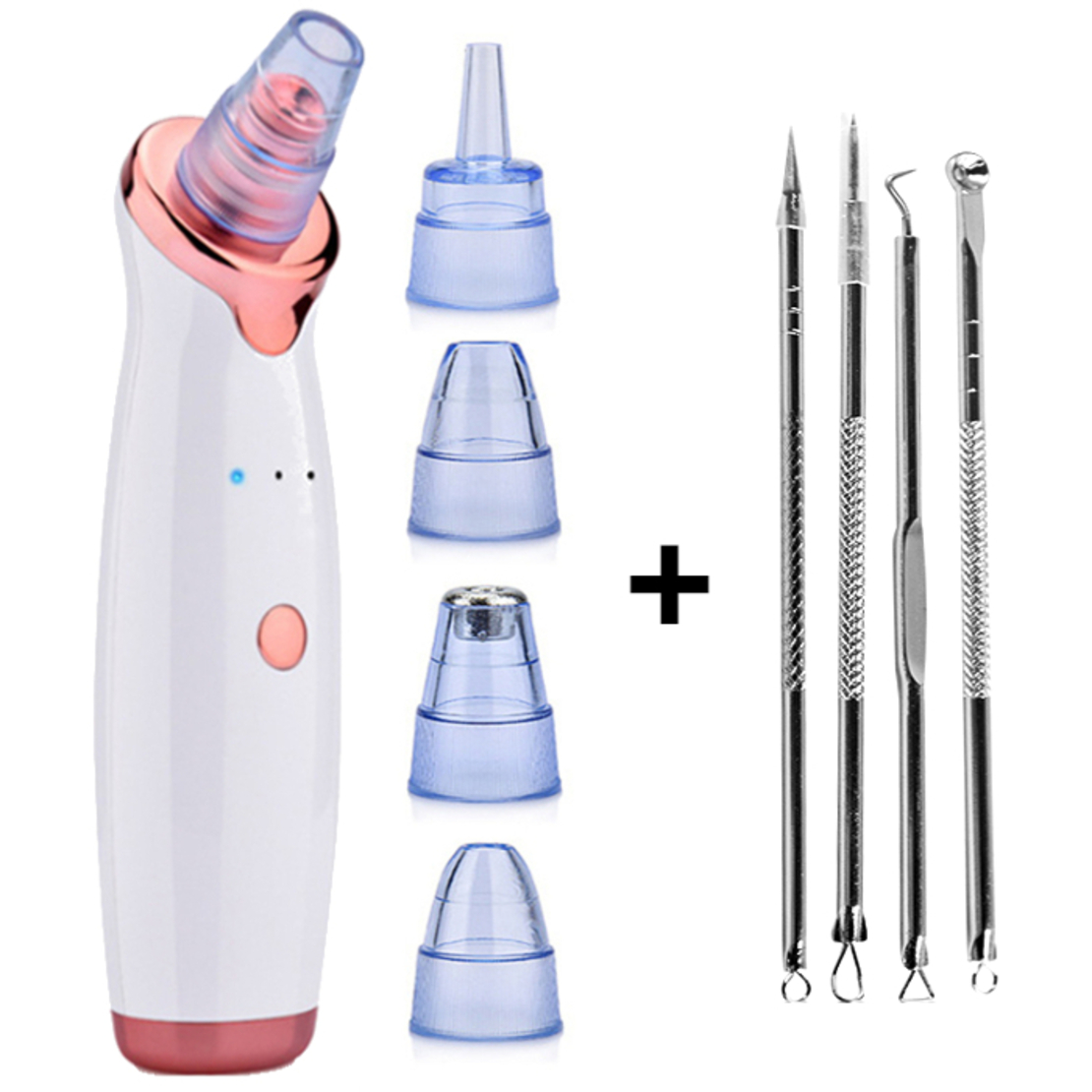Set cu Aparat indepartare puncte negre, Neo™, cu vacuum, 5 capete, Curatare faciala, indepartare Acnee, USB, Alb si Trusa Profesionala 4 Pensete