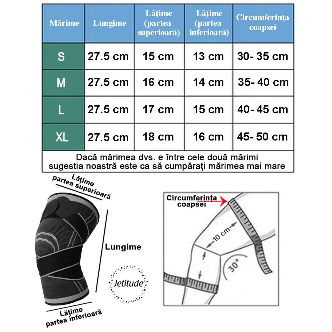 Genunchiera elastica ajustabila cu bretele elastice respirabila marca Jetitude™,1 Bucata Gri cu Negru Marime XL