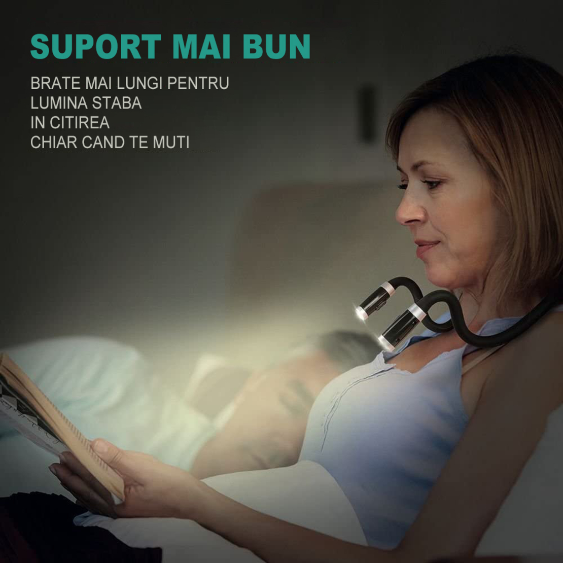Lumina pentru Citit cu Pozitionare pe Gat, YWX, ABS/TPE, 3 niveluri de intensitate, USB, 750 mAh, Negru