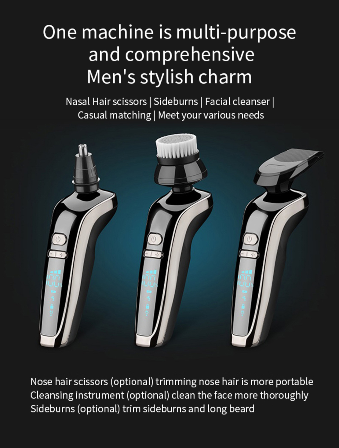 Aparat de ras electric 7 Capete, cu maner lung, Neo™ Blade 3D Samurai®, functie de trimmer, multifunctional, fara fir, incarcare USB, rezistent la apa, 3 lame independente, usor de curatat, sistem 7 in 1, Black-Silver
