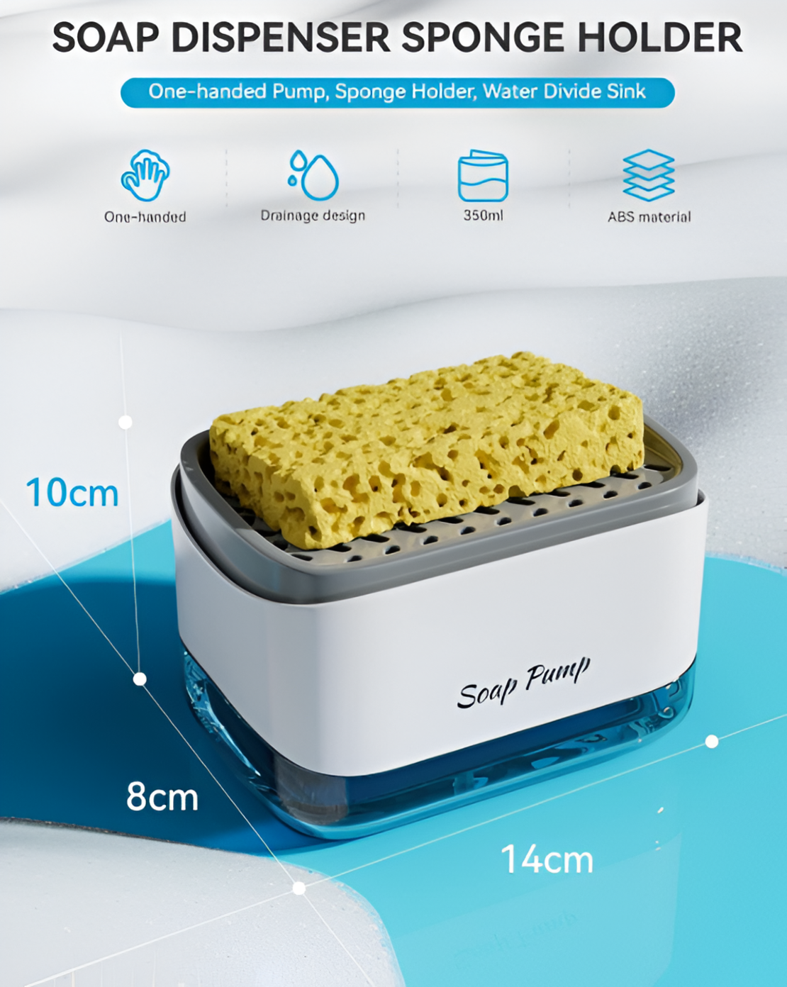 Dispenser Detergent de Vase 2 in 1, Suport de Burete, 350ml, Alb, Compact, Neo™