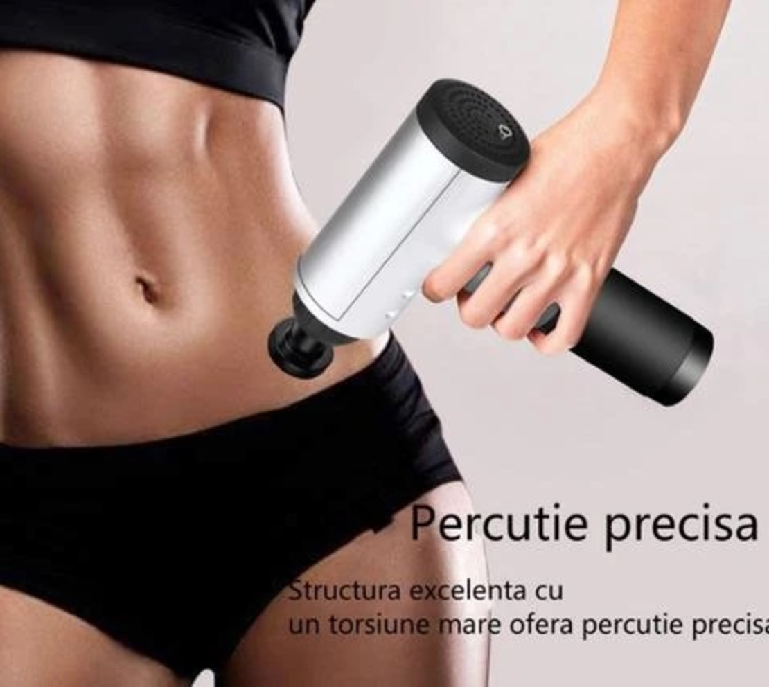 Aparat de Masaj Profesional, cu 4 capete interschimbabile si 6 trepte de intensitate, Neo™ Professional Gun®, pentru dureri musculare, reumatice, anticelulitic, Gri