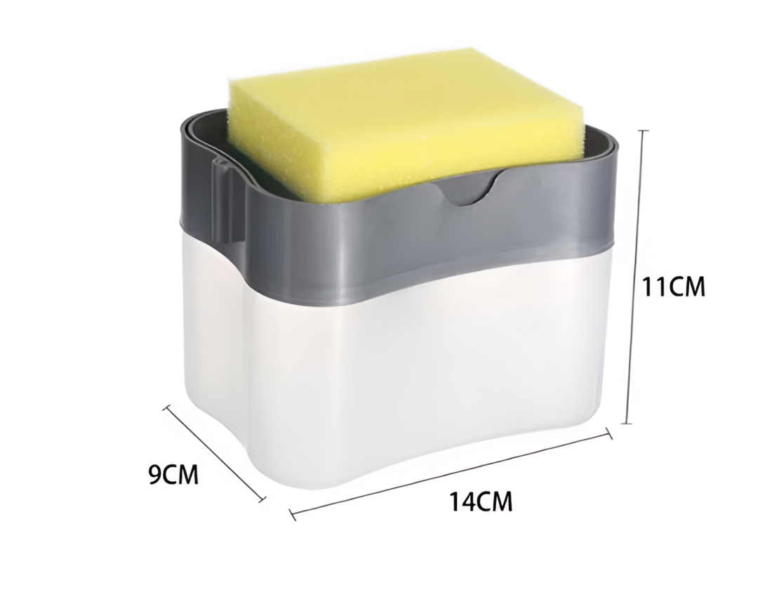 Dispenser 2 in 1, Suport pentru Burete si Dozator Detergent de Vase, 380 ml, 14x11x9 cm, Gri/Transparent, Neo™