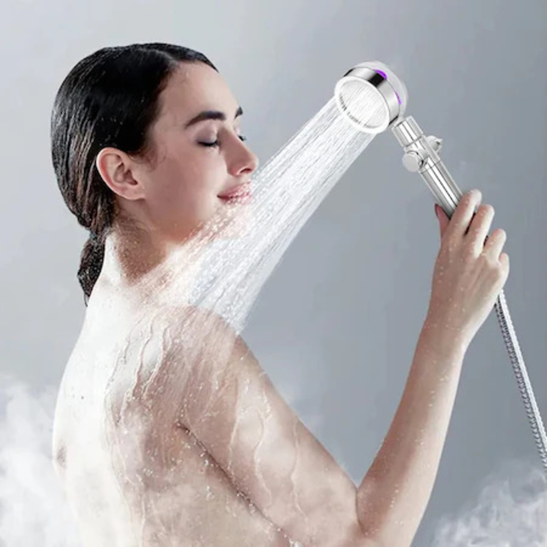 Para cap de dus SERALUNA®, elice speciale pentru cresterea presiunii apei, argintiu, on/off buton, filtru anti-calcar