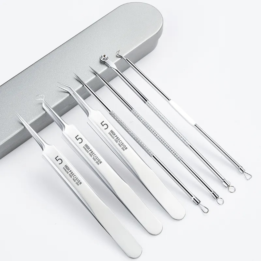 Set 8 pensete pentru extractie puncte negre, comedoane, acnee, ustensile cosmetice din inox, metalic, Neo™ Premium®