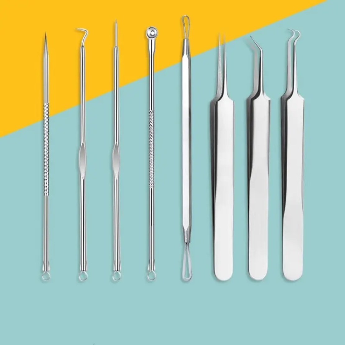 Set 8 pensete pentru extractie puncte negre, comedoane, acnee, ustensile cosmetice din inox, metalic, Neo™ Premium®