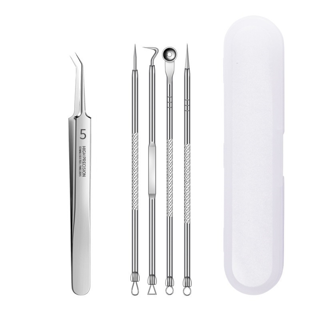 Set 5 pensete pentru extractie puncte negre, ustensile cosmetice din inox, metalic, acnee, comedoane, Neo™ Premium®
