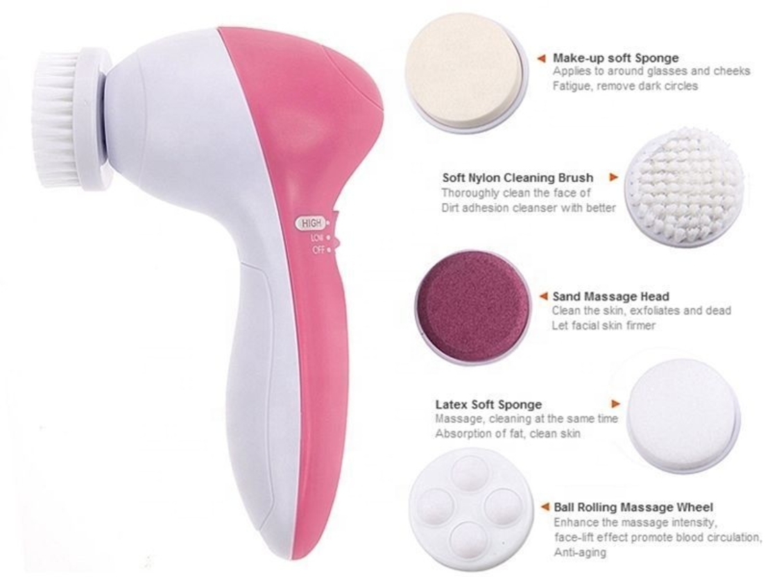 Perie Rotativa pentru curatare faciala si masaj 5 in 1, Neo™ Premium, cu 2 viteze, functie de reglare a vitezei, 5 capete perii interschimbabile,13x7cm, alb/roz